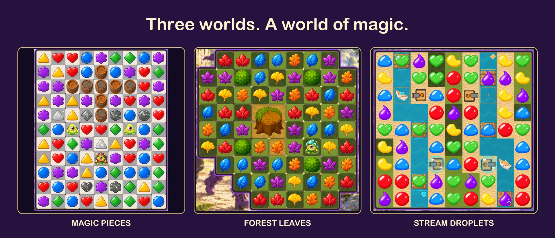 Magic pieces, forest leaves and stream droplets on three real game boards