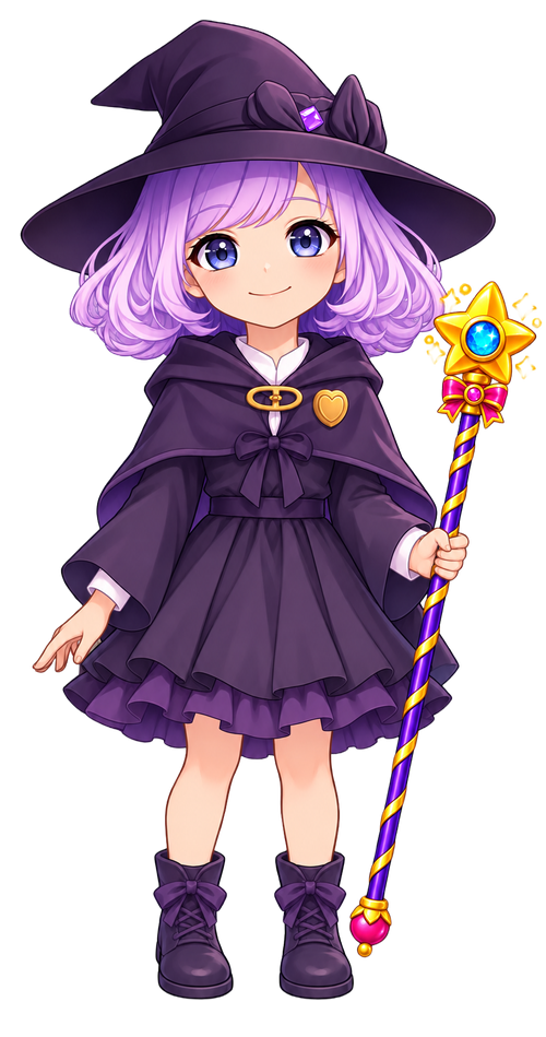 Lilith, the little purple-haired witch, holding her golden star wand